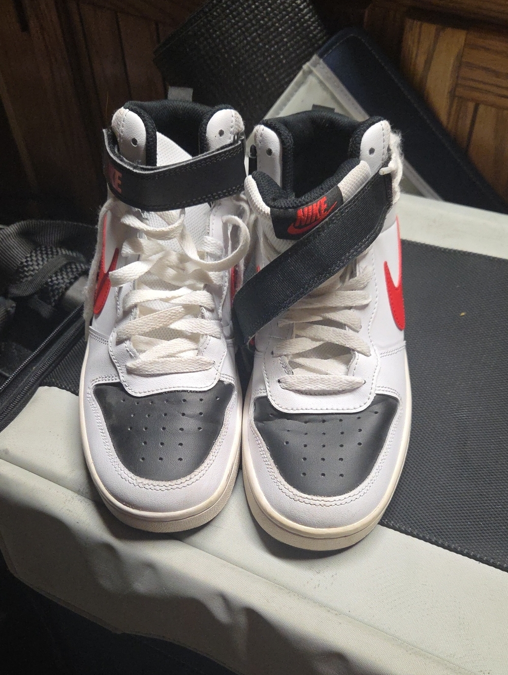 Nike Kids High-Top Sneakers in White, Black & Red